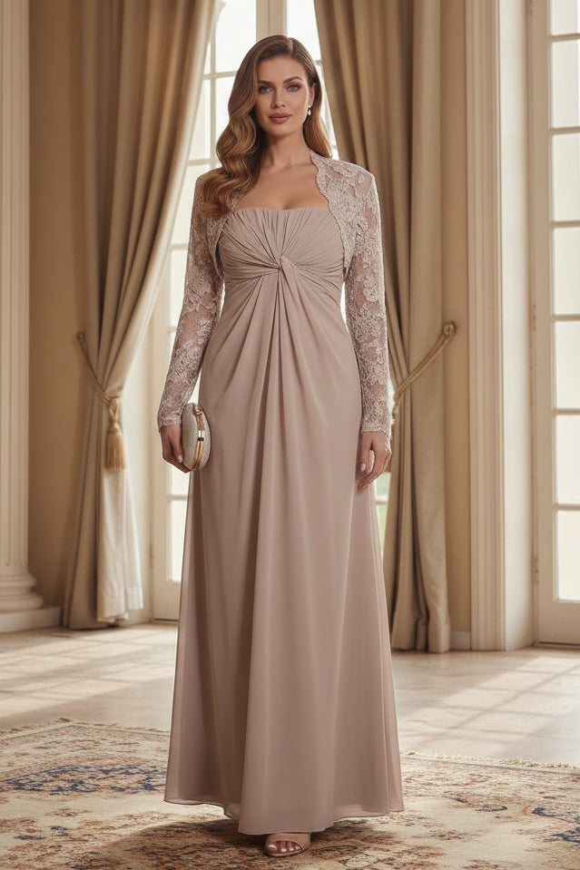 Strapless Ruched A-Line Gown with Lace Jacket