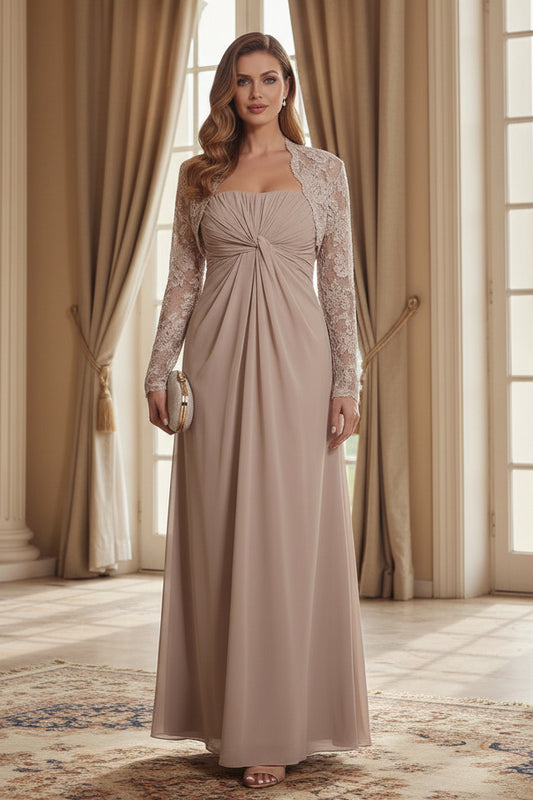 Strapless Ruched A-Line Gown with Lace Jacket