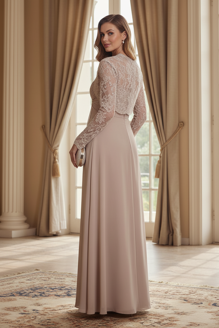 Strapless Ruched A-Line Gown with Lace Jacket