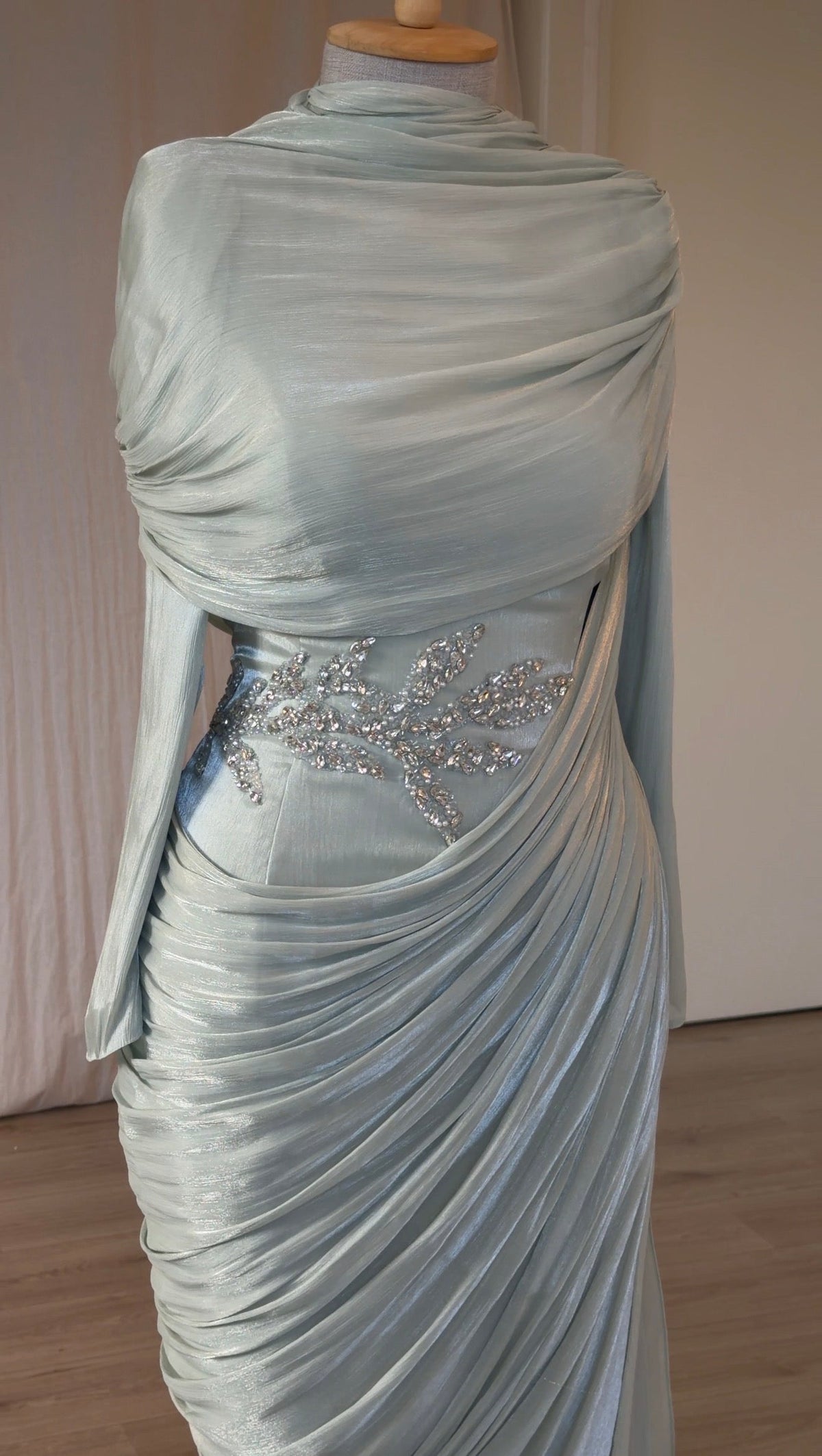 Draped Cowl Maxi Evening Gown with Beaded Waist