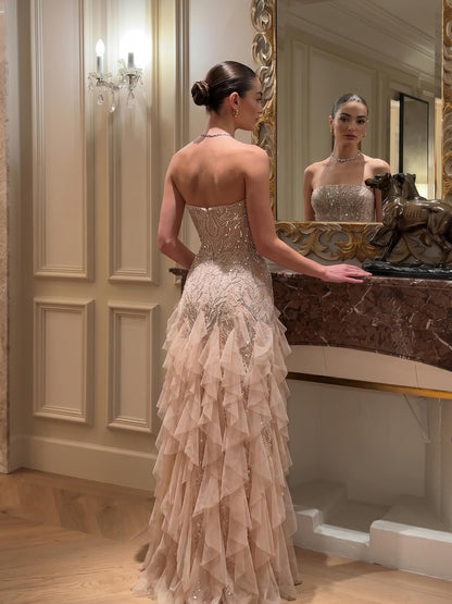 Strapless Tiered Ruffle Mermaid Evening Gown