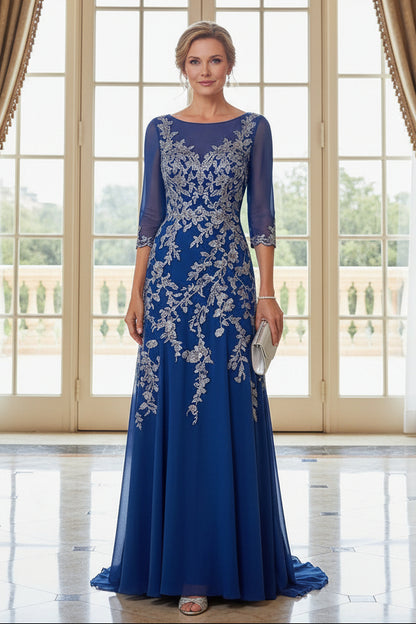Embroidered Illusion 3/4 Sleeve A-Line Gown