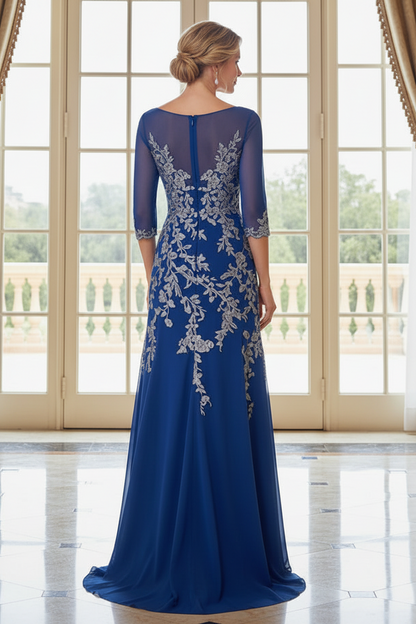 Embroidered Illusion 3/4 Sleeve A-Line Gown