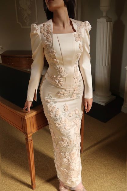 3D Floral Long Sleeve Satin Column Evening Gown