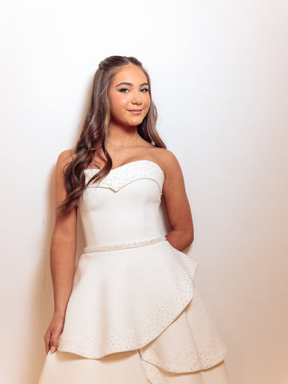 Strapless Tiered Ball Gown with Beaded Details