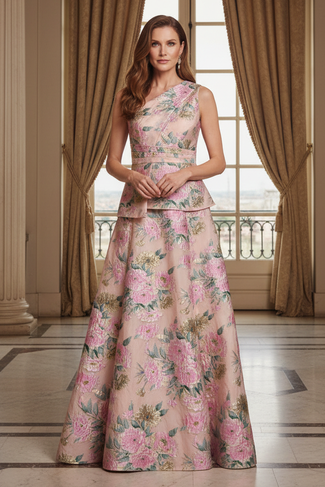 One Shoulder Floral Jacquard Peplum Gown