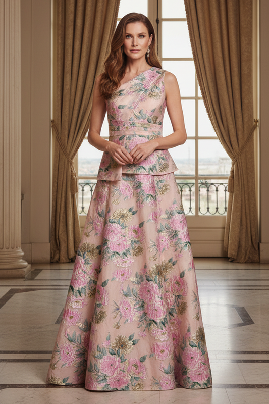 One Shoulder Floral Jacquard Peplum Gown