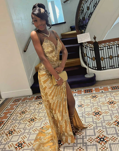 Strapless Sweetheart Sequin Gown with High Slit