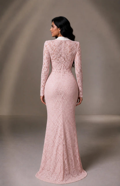 Long Sleeve Lace Gown with Bow Waist Detail