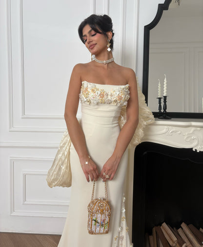 Strapless Floral Applique Gown with Statement Back
