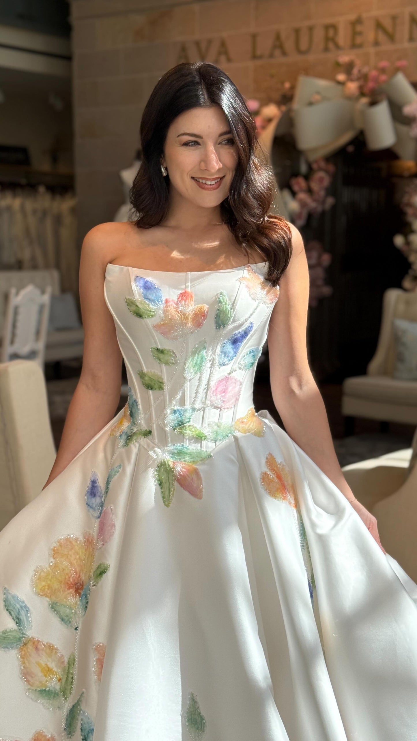 Floral Print Strapless Corset Ball Gown Wedding Dress