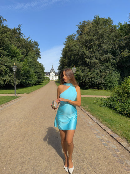 One Shoulder Satin Mini Dress with Draped Sash
