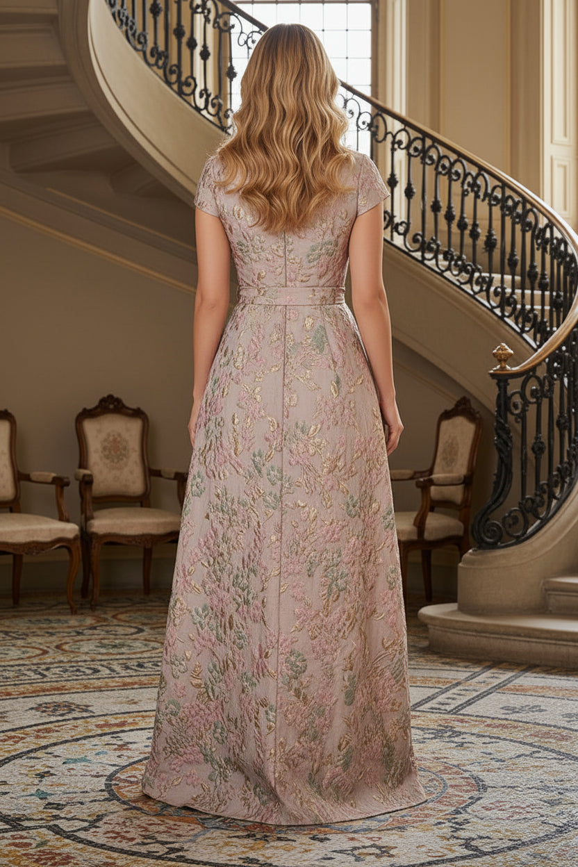 Floral Jacquard A-Line Evening Gown with Sash
