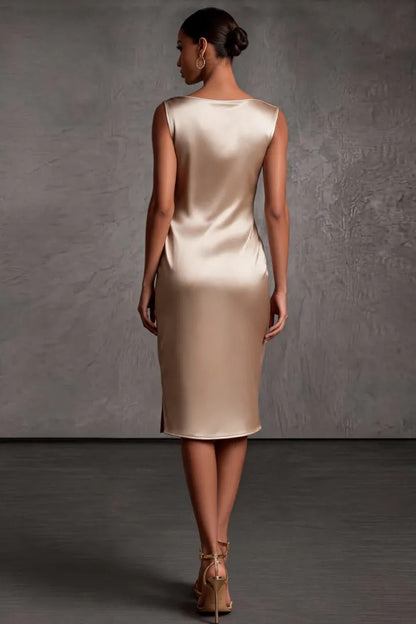 Cowl Neck Ruched Satin Midi Dress with Pearls