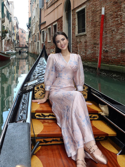 Floral Chiffon Puff Sleeve Mermaid Maxi Dress