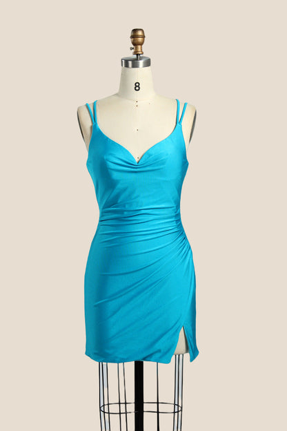 Cowl Neck Ruched Mini Dress with Lace-Up Back