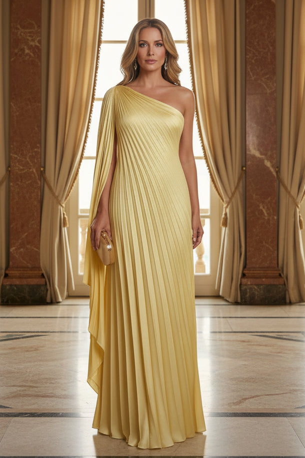 One-Shoulder Pleated Column Gown with Cape Drape