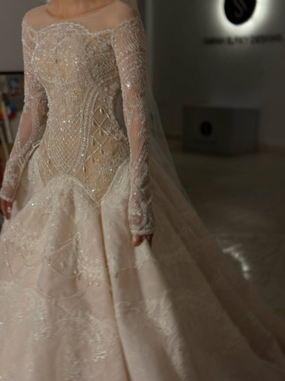 Lace & Beaded Ball Gown Wedding Dress with Sleeves