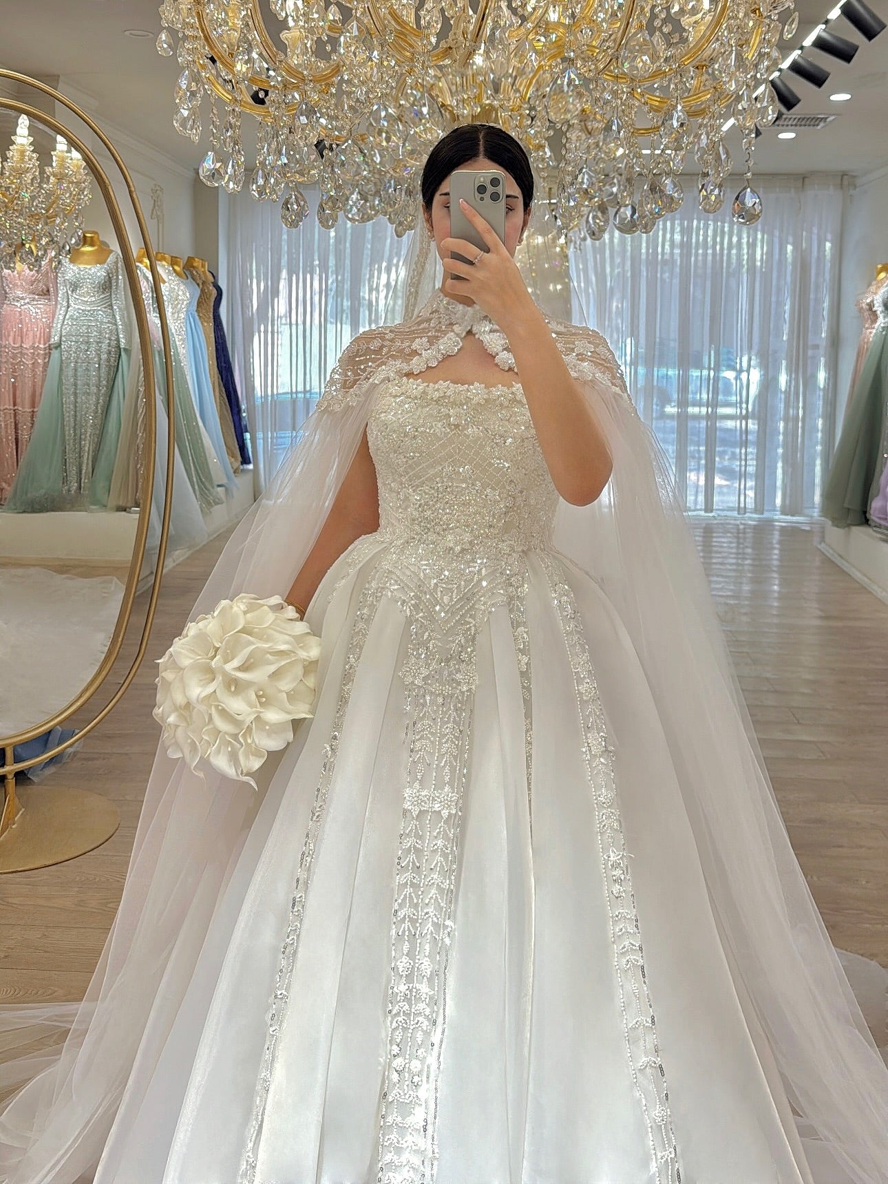 High-Neck Beaded Ball Gown Wedding Dress with Cape