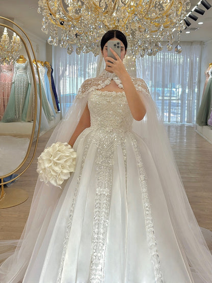 High-Neck Beaded Ball Gown Wedding Dress with Cape