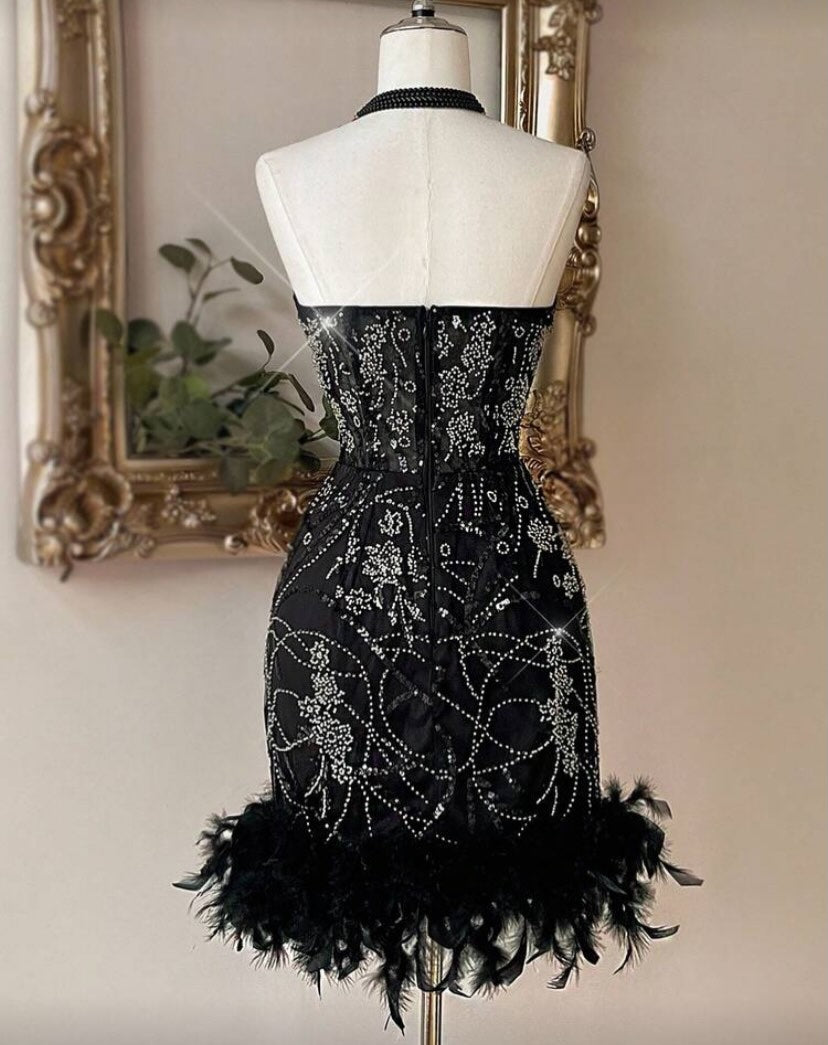 Beaded Strapless Corset Mini Dress with Feather Hem