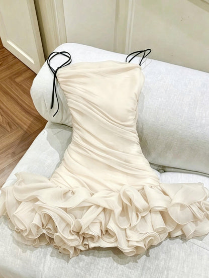 Ruched Spaghetti Strap Mini Dress with Ruffled Skirt