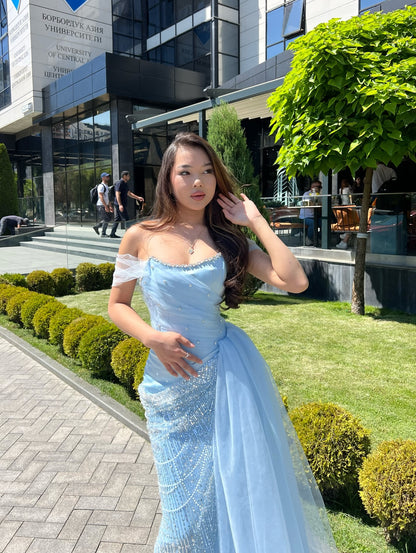 Off-the-Shoulder Beaded Corset Gown with Side Drape