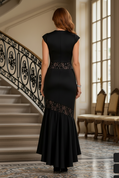 Lace Inset High-Low Mermaid Dress with Cap Sleeves