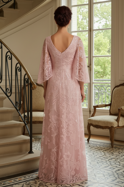 Embroidered A-Line Evening Gown with Flutter Sleeves