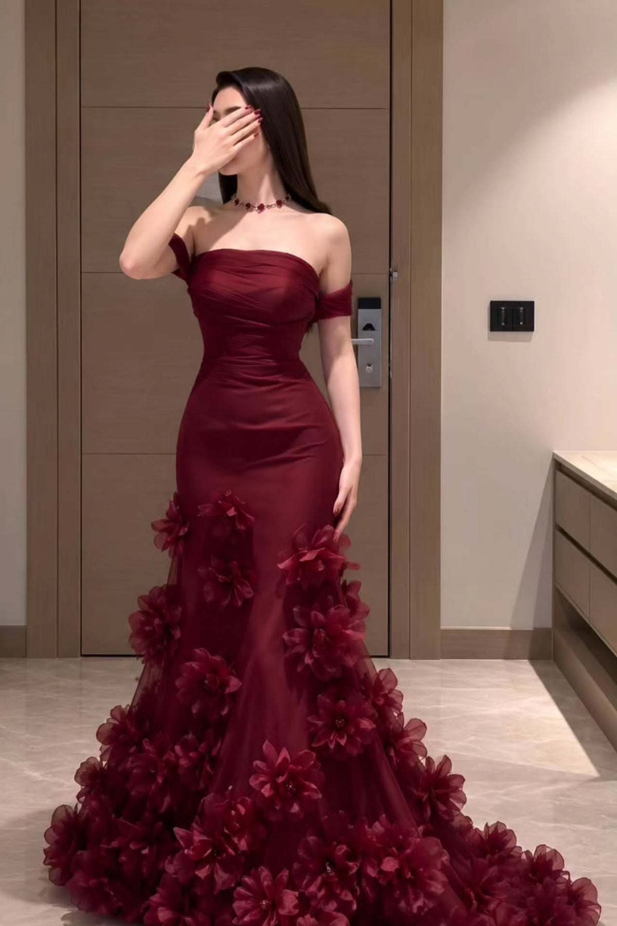 Off-the-Shoulder 3D Floral Mermaid Evening Gown