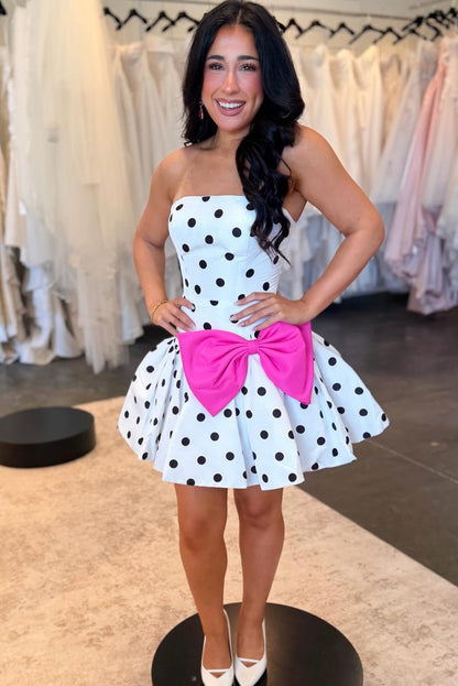 Strapless Polka Dot Mini Dress with Bow Accent