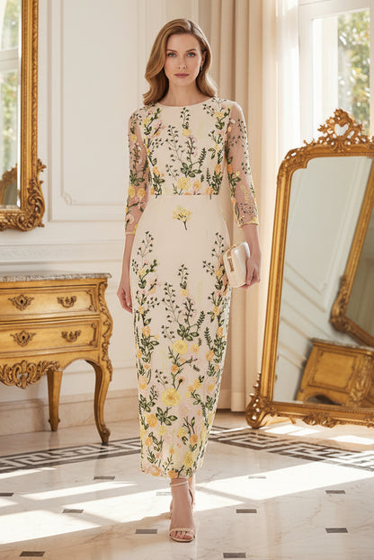 Floral Embroidered Illusion-Sleeve Midi Sheath Dress