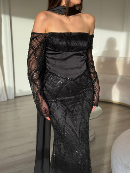 Off-the-Shoulder Sequin Corset Evening Gown