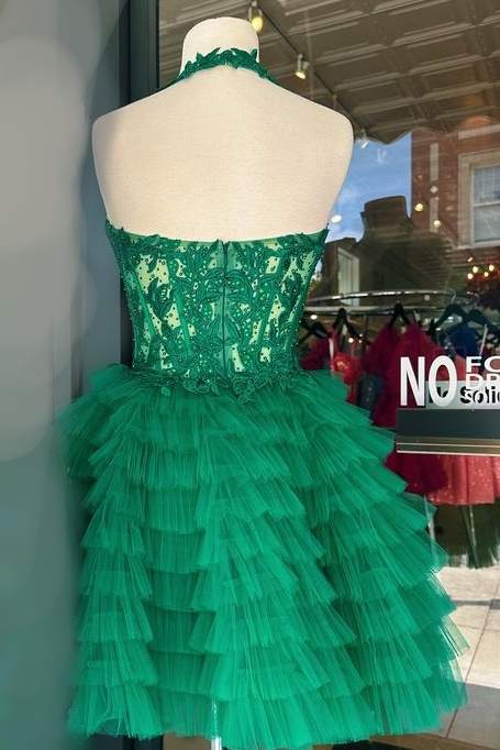 Halter Corset Tiered Tulle Short Homecoming Dress