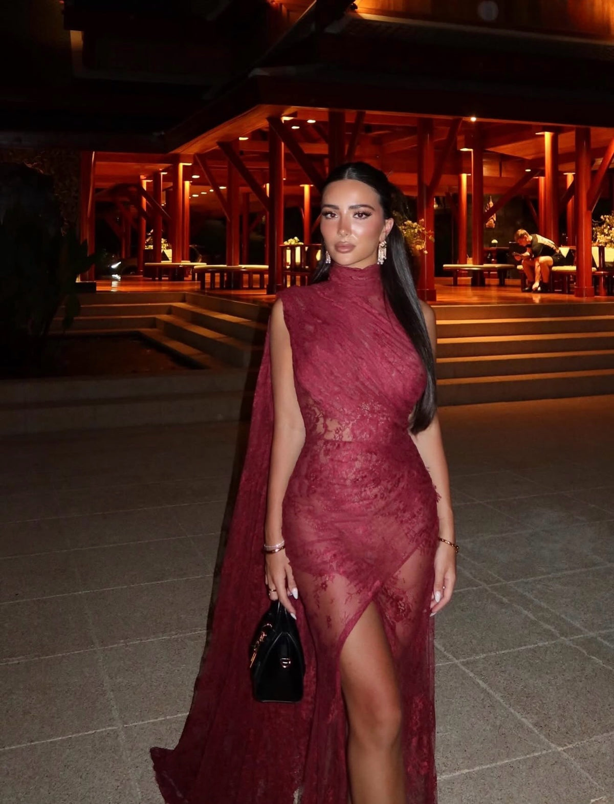 High Neck Lace Evening Gown with Cape and Slit