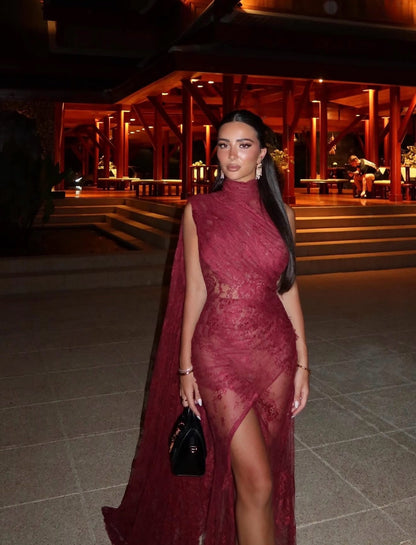 High Neck Lace Evening Gown with Cape and Slit