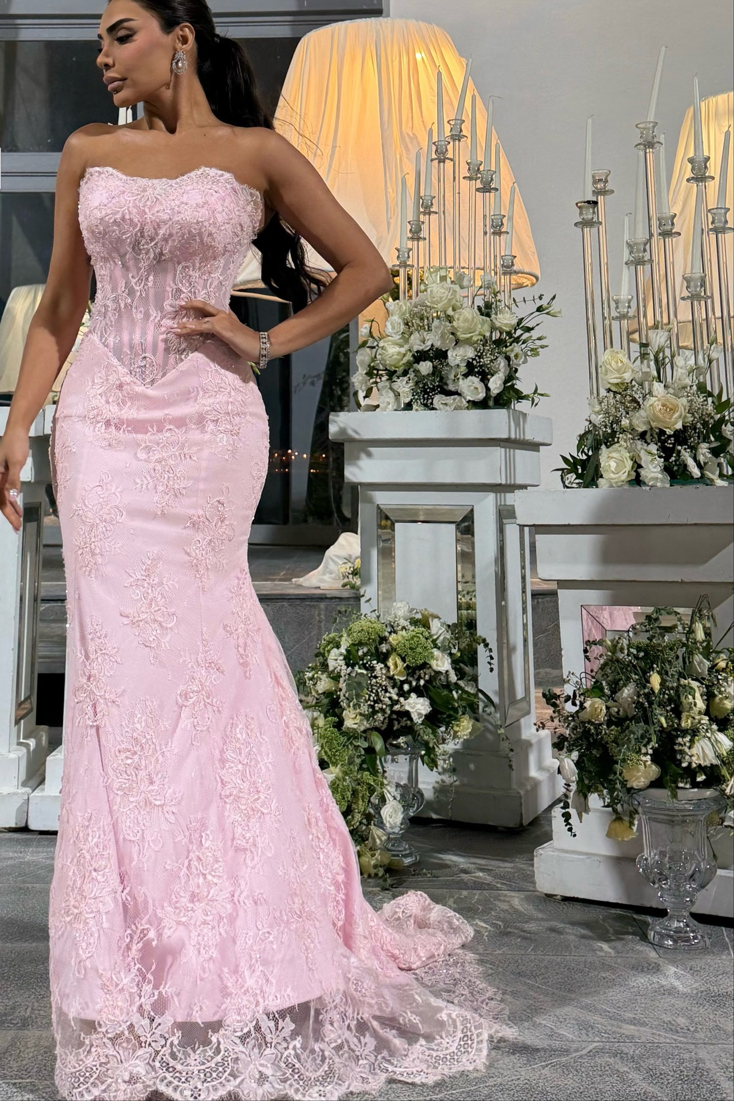 Strapless Lace Corset Mermaid Evening Gown