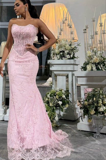 Strapless Lace Corset Mermaid Evening Gown