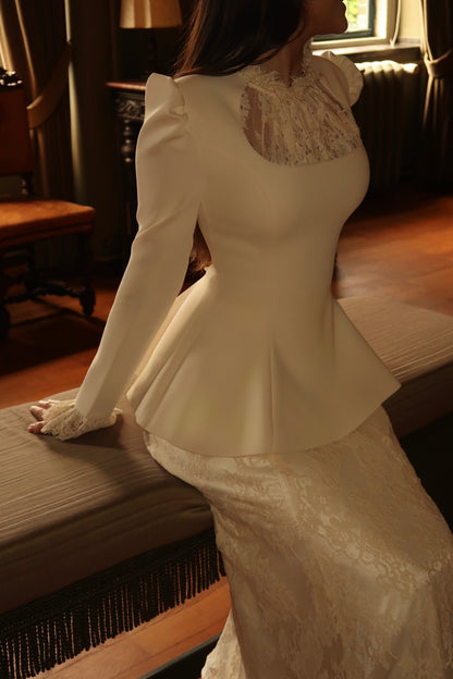 Peplum Long Sleeve Lace Maxi Dress