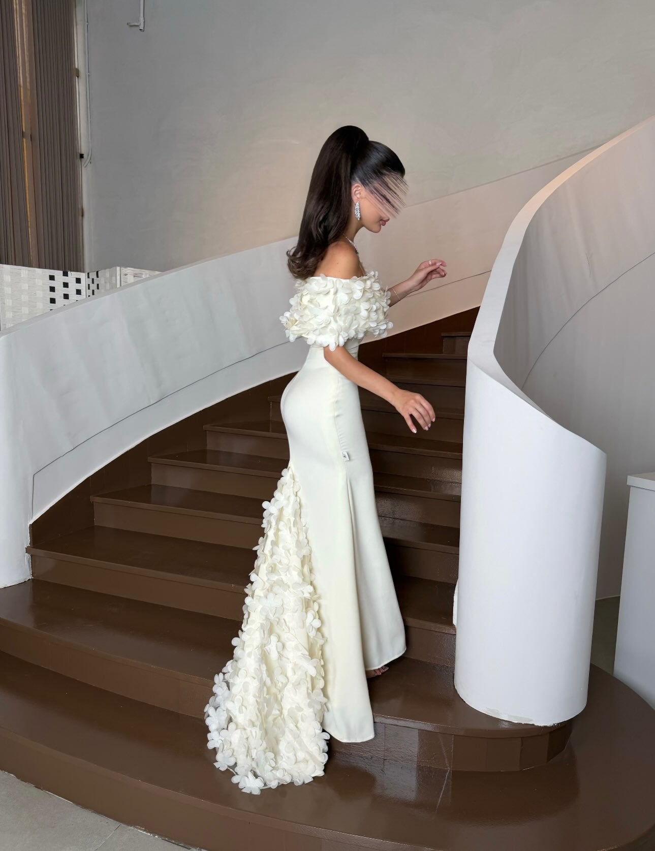 Off-the-Shoulder 3D Floral Crepe Evening Gown