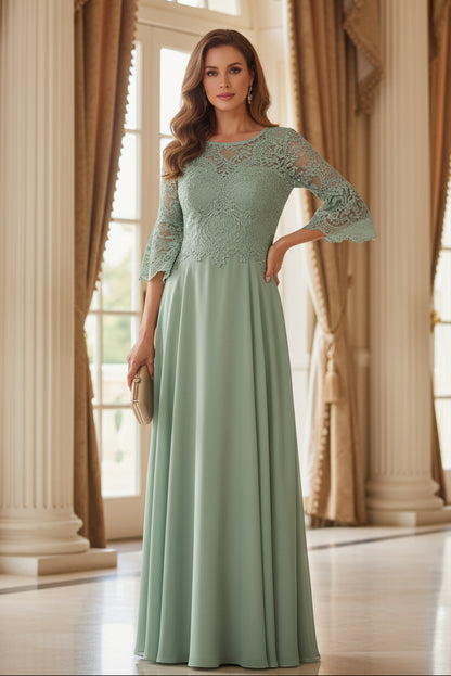 Lace Bodice Chiffon A-Line Gown with Bell Sleeves