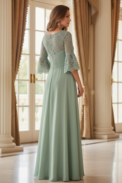 Lace Bodice Chiffon A-Line Gown with Bell Sleeves