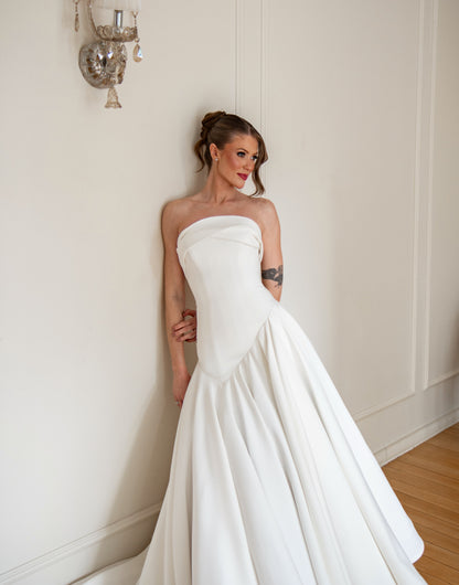 Strapless Drop Waist Satin Ball Gown Wedding Dress