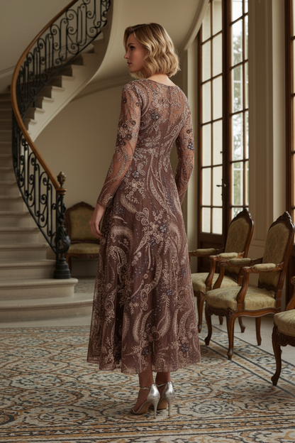 Beaded Sequin V-Neck A-Line Ankle-Length Dress