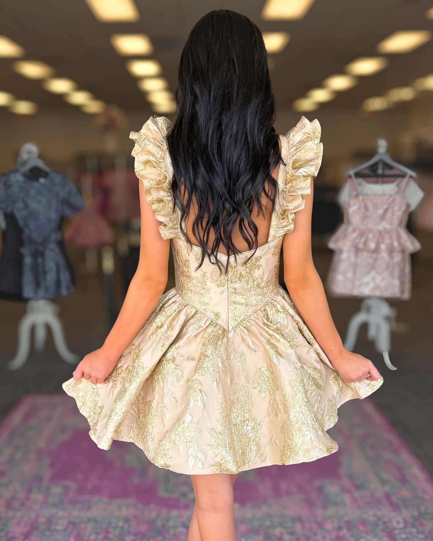 Jacquard Sweetheart Ruffle Strap Mini Dress