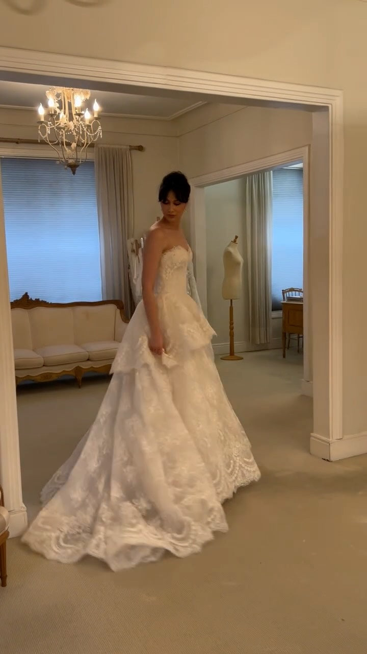High-Neck Long-Sleeve Tiered Lace Ball Gown Wedding Dress