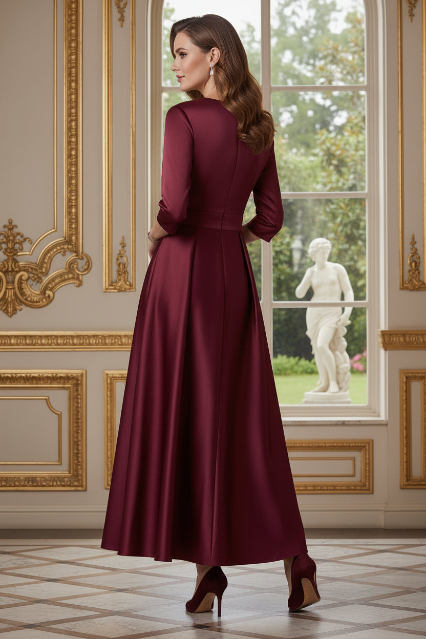 Pleated Bodice Ankle-Length Satin Dress with 3/4 Sleeves