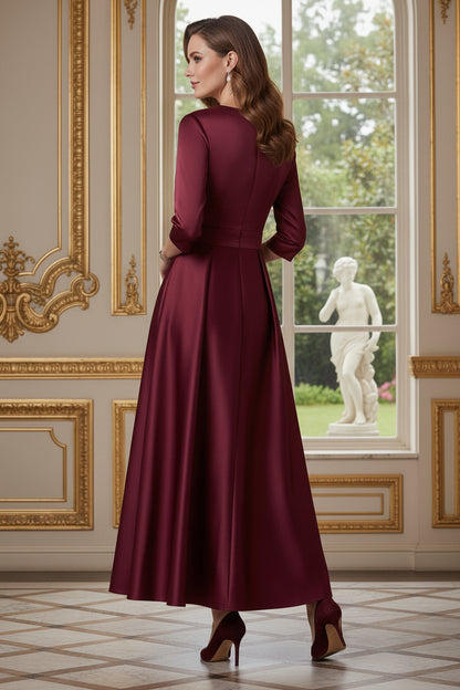Pleated Bodice Ankle-Length Satin Dress with 3/4 Sleeves