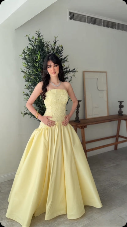Strapless Beaded Bodice Ball Gown Evening Dress