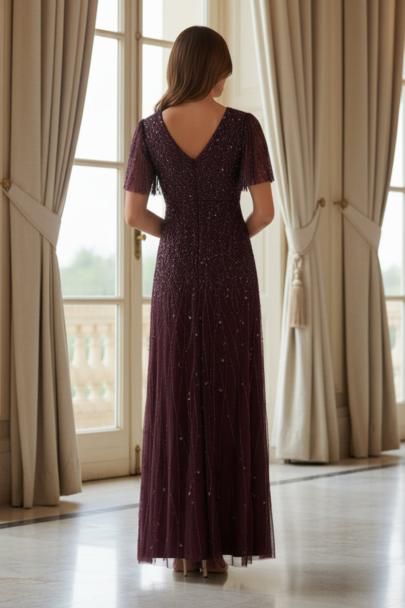 Beaded V-Neck Flutter Sleeve Evening Gown